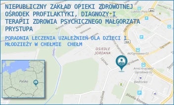 PORADNIA LECZENIA UZALEŻNIEŃ DLA DZIECI I MŁODZIEŻY W CHEŁMIE - NIEPUBLICZNY ZAKŁAD OPIEKI ZDROWOTNEJ OŚRODEK PROFILAKTYKI, DIAGNOZY I TERAPII ZDROWIA PSYCHICZNEGO MAŁGORZATA PRYSTUPA - OGRODOWA 47,  CHEŁM