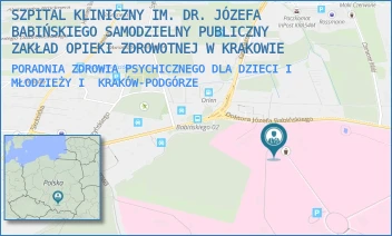 PORADNIA ZDROWIA PSYCHICZNEGO DLA DZIECI I MŁODZIEŻY I - SZPITAL KLINICZNY IM. DR. JÓZEFA BABIŃSKIEGO SAMODZIELNY PUBLICZNY ZAKŁAD OPIEKI ZDROWOTNEJ W KRAKOWIE - UL. DR. JÓZEFA BABIŃSKIEGO 29,  KRAKÓW-PODGÓRZE